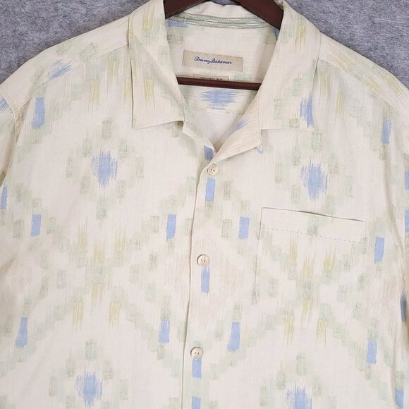 TOMMY BAHAMA Mens XL Silk Ikat Diamond Print Short Sleeve Beige Camp Shirt - Picture 3 of 9